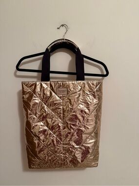 Victoria's Secret Metallic Gold Quilted Tote with Black Handles